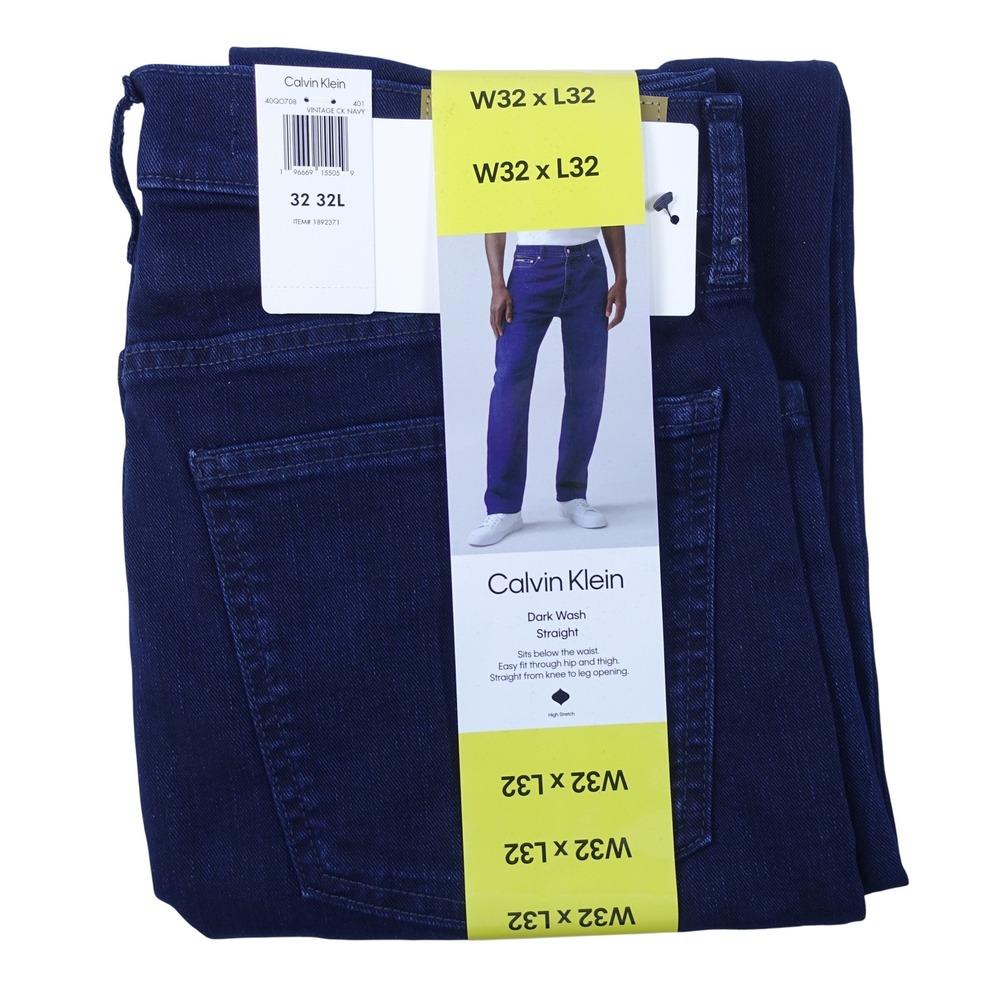 Calvin Klein Men Jeans 32x32 Dark Wash Straight Fit Vintage CK Navy Stretch NWT
